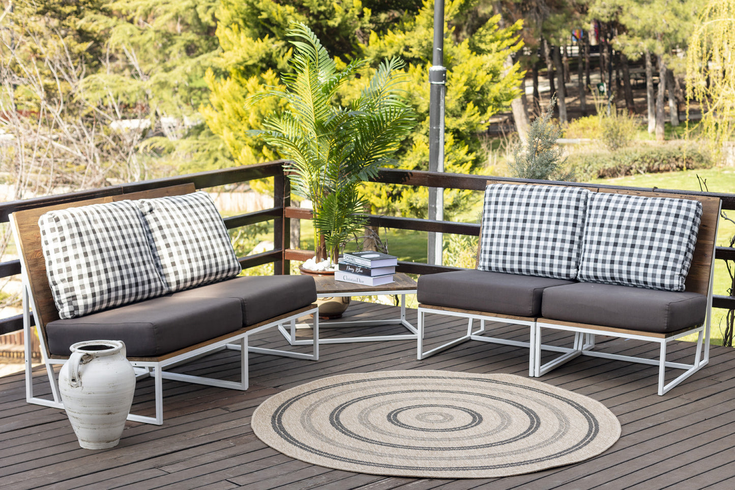 EMIKO Buitenkleed met Jute-Look I In & Outdoor Ronde Boho Weerbestendig Tapijt, Terras, Balkon, Veranda, Keuken, Tuin I Beige, Zwart