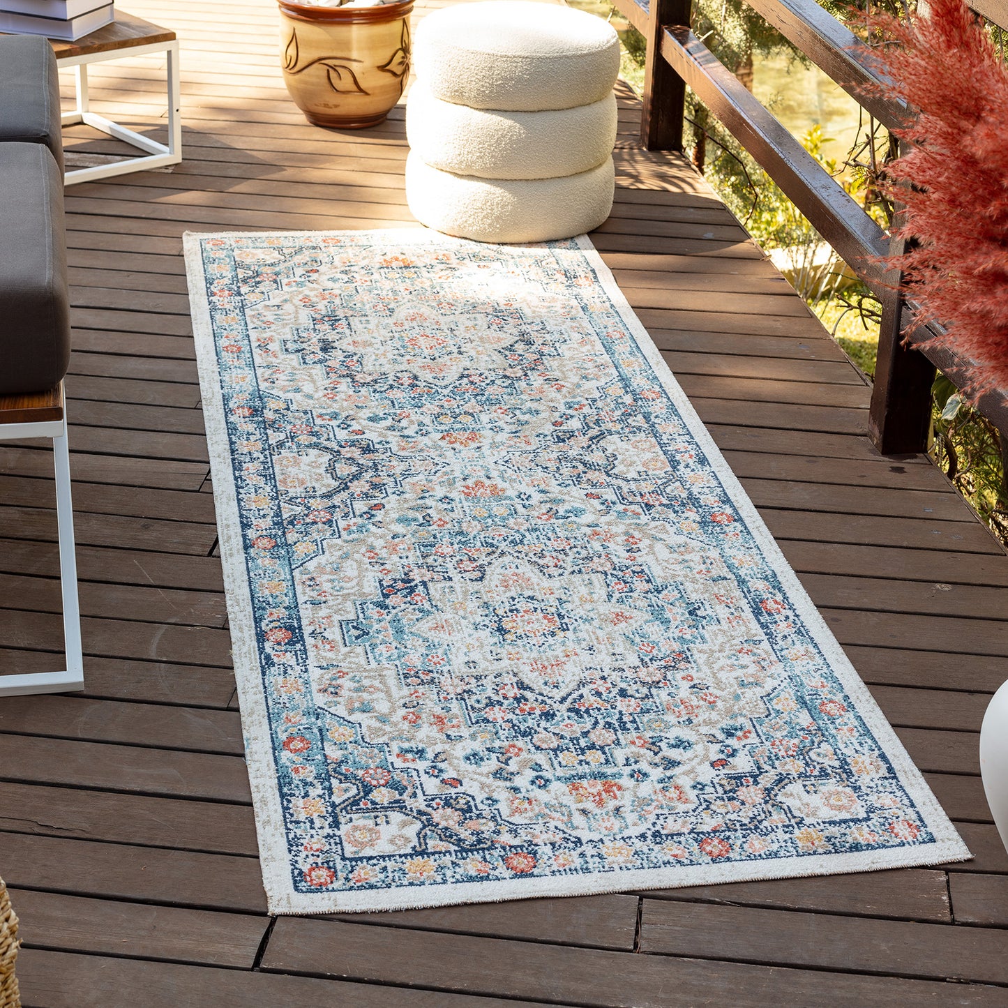 CARBONHILL Buitenkleed I In & Outdoor Boho Weerbestendig Tapijt, Duurzaam, Terras, Balkon, Veranda, Keuken, Tuin I Blauw, Beige