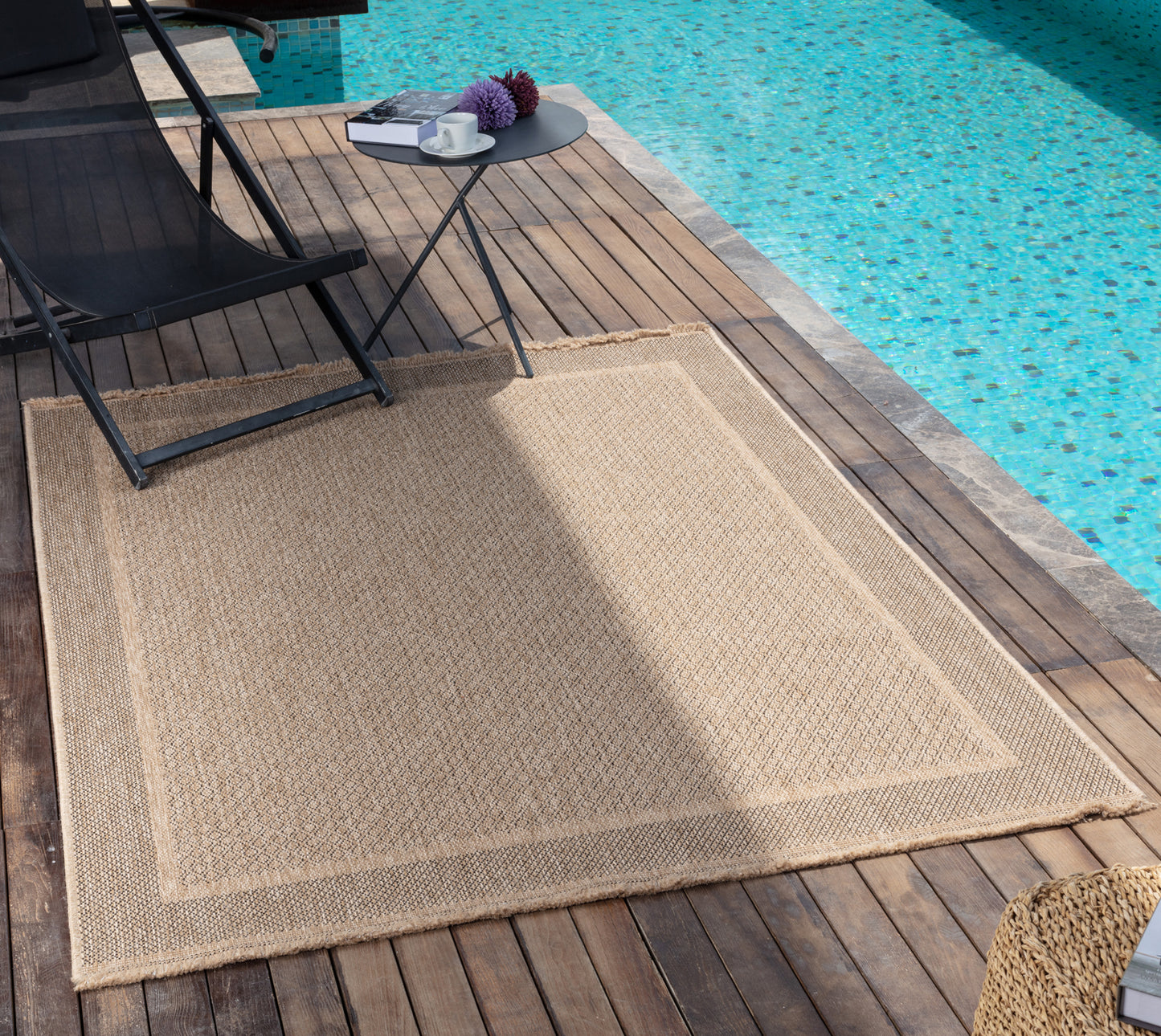 SABRENA Buitenkleed met Jute-Look I In & Outdoor Boho Weerbestendig Tapijt, Terras, Balkon, Veranda, Keuken, Tuin I Beige, Zwart