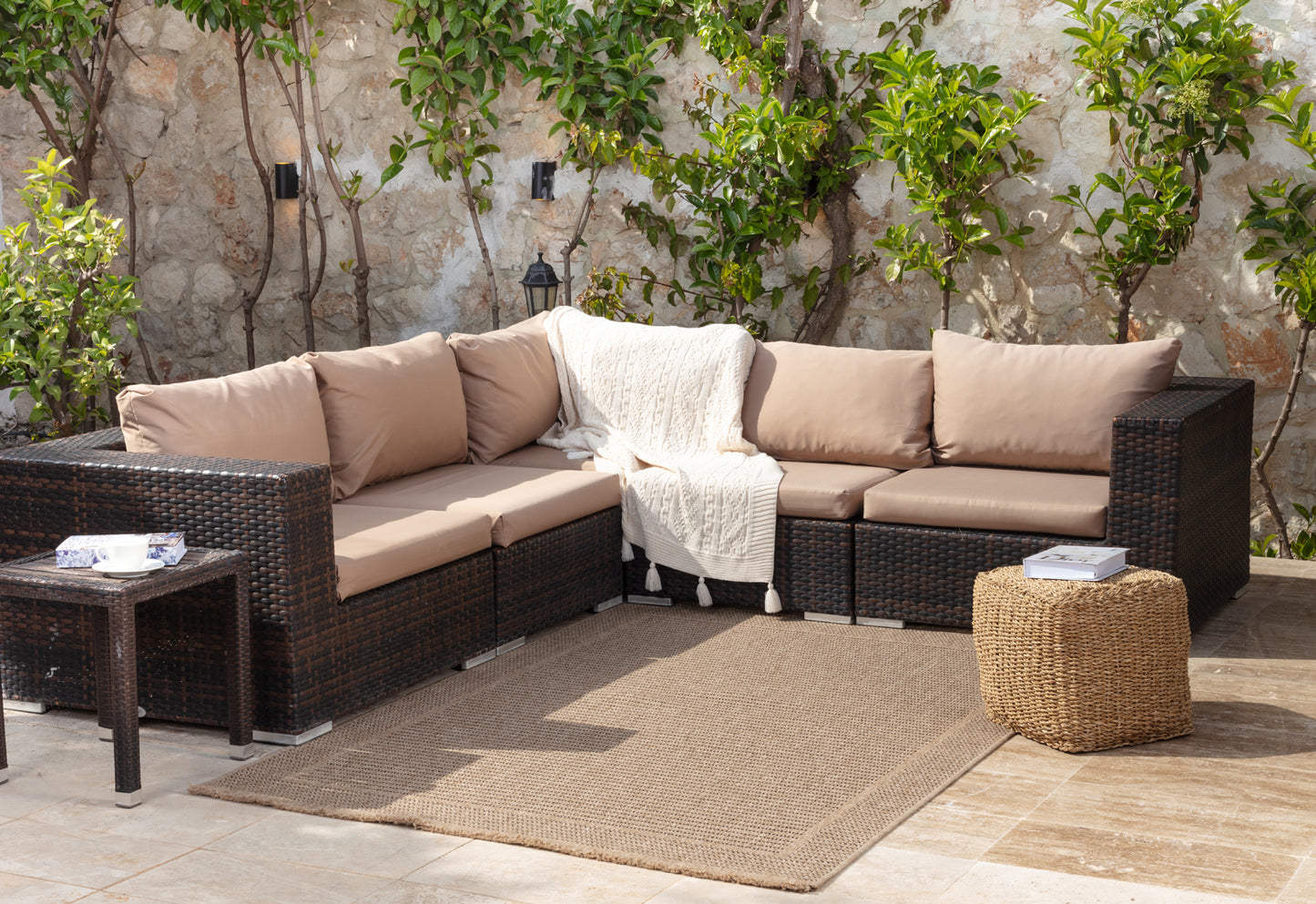 JEANNETTA Buitenkleed met Jute-Look I In & Outdoor Boho Weerbestendig Tapijt, Terras, Balkon, Veranda, Keuken, Tuin I Beige, Zwart