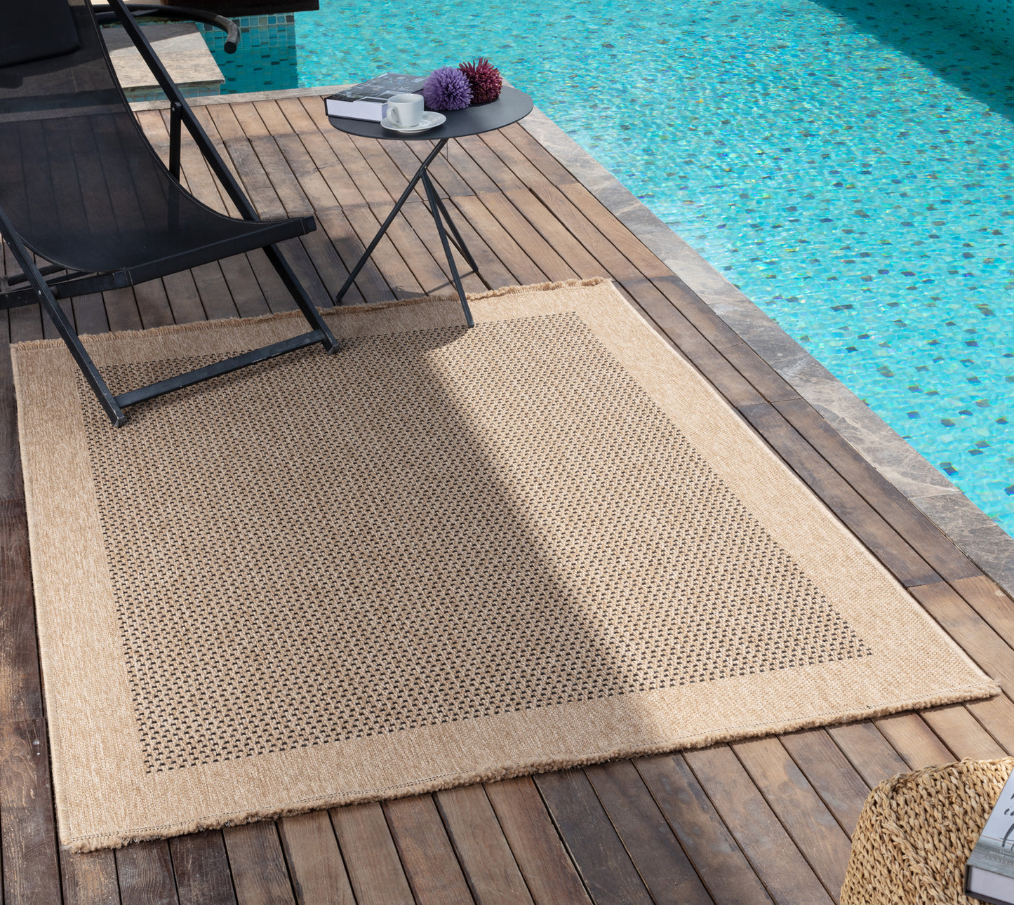 JESSICIA Buitenkleed met Jute-Look I In & Outdoor Boho Weerbestendig Tapijt, Terras, Balkon, Veranda, Keuken, Tuin I Beige, Zwart