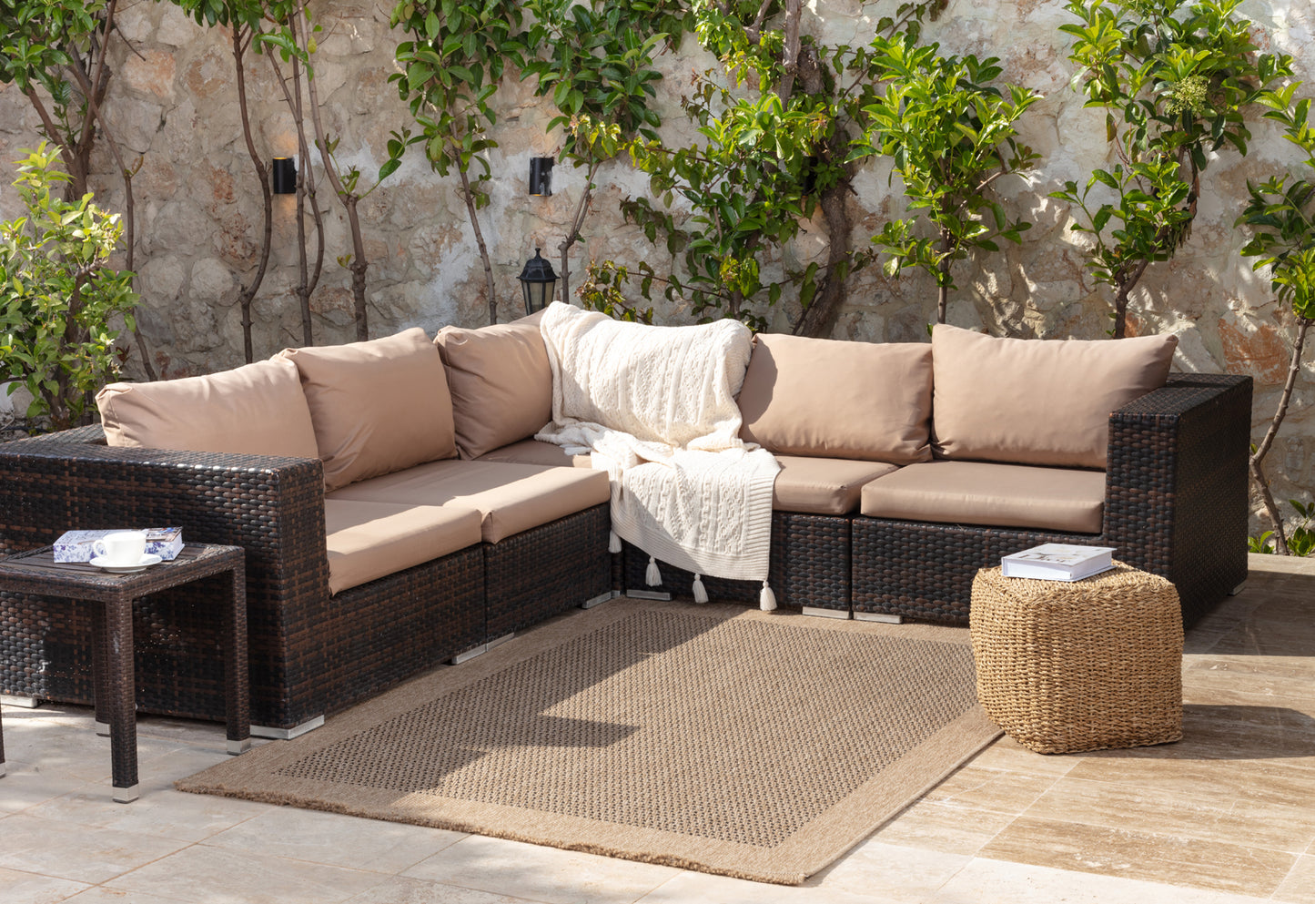 JESSICIA Buitenkleed met Jute-Look I In & Outdoor Boho Weerbestendig Tapijt, Terras, Balkon, Veranda, Keuken, Tuin I Beige, Zwart