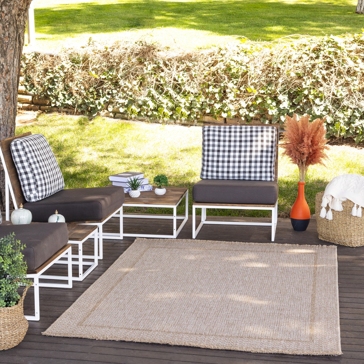 DONTAVIUS Buitenkleed met Jute-Look I In & Outdoor Boho Weerbestendig Tapijt, Duurzaam, Terras, Balkon, Veranda, Keuken, Tuin I Beige