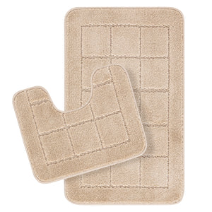 ALENE Set van 2 Badkamer- en WC-Vloerkleden I Antislip Tapijten, Machinewasbaar, Langharig, Zacht, Absorberend, Snel Droog I Beige