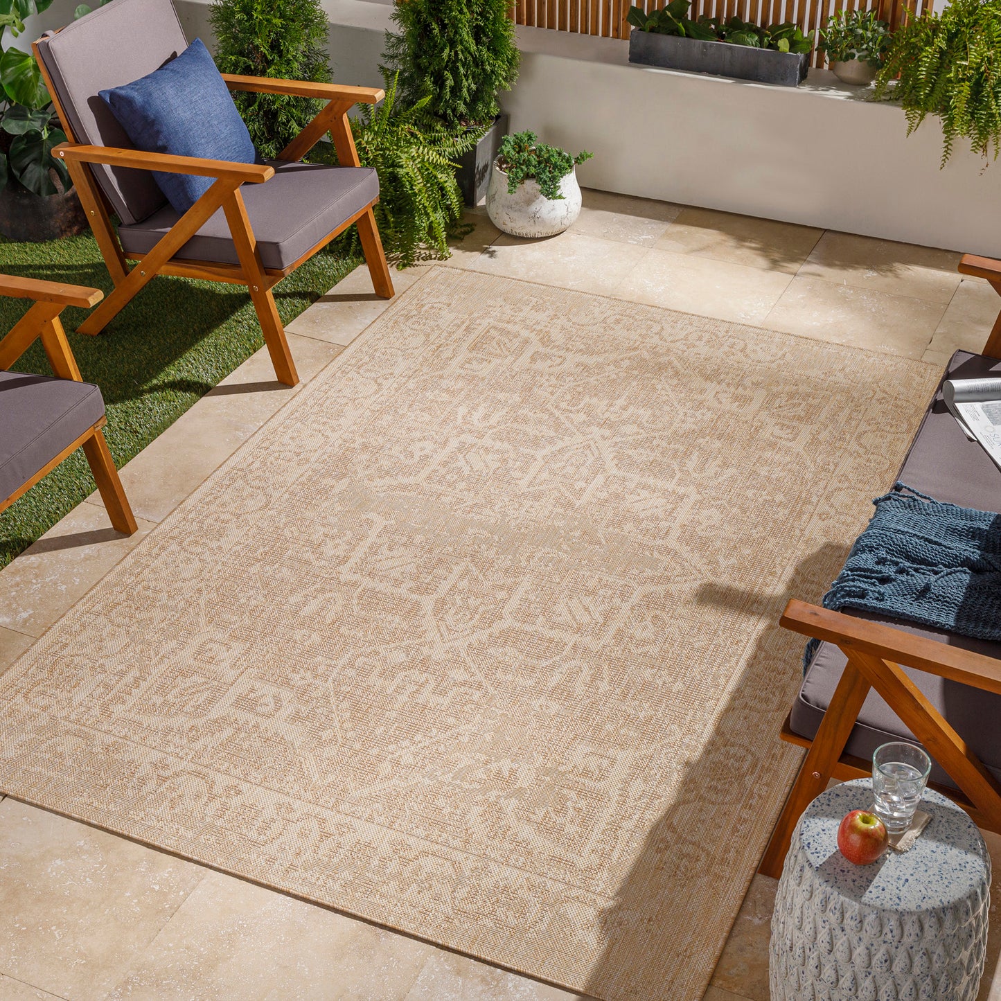 KINGSLEY Buitenkleed met Jute-Look I In & Outdoor Boho Weerbestendig Tapijt, Terras, Balkon, Veranda, Keuken, Tuin I Beige, Ivoor